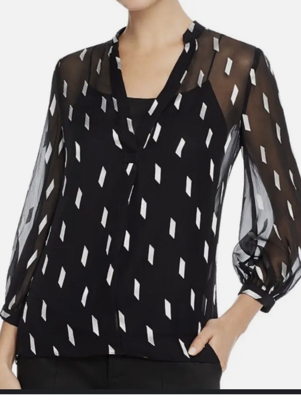Alice + Olivia Black Sheer Blouse with White Geometric Print